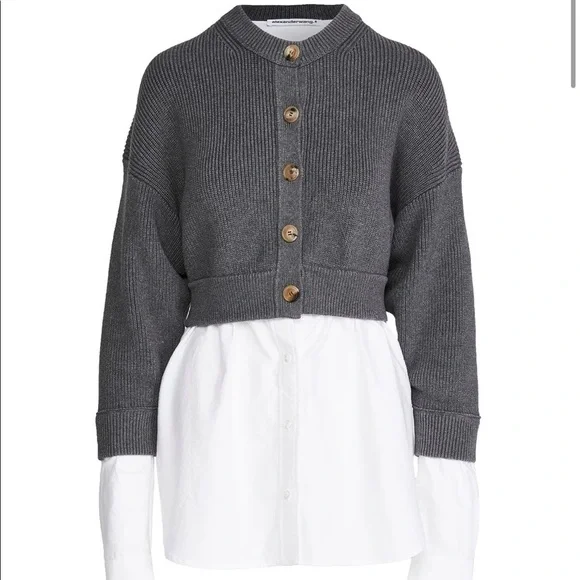 Alexander Wang Bilayer Crew Neck Oxford Cardian Sweater - Picture 2 of 11